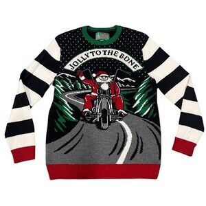 Jolly To The Bone Ugly Christmas Holiday Sweater Motorcycle Santa Sweater Medium